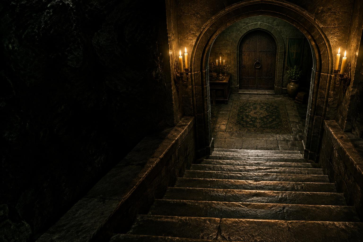 Ten candlelit stone steps descending to a gothic chamber